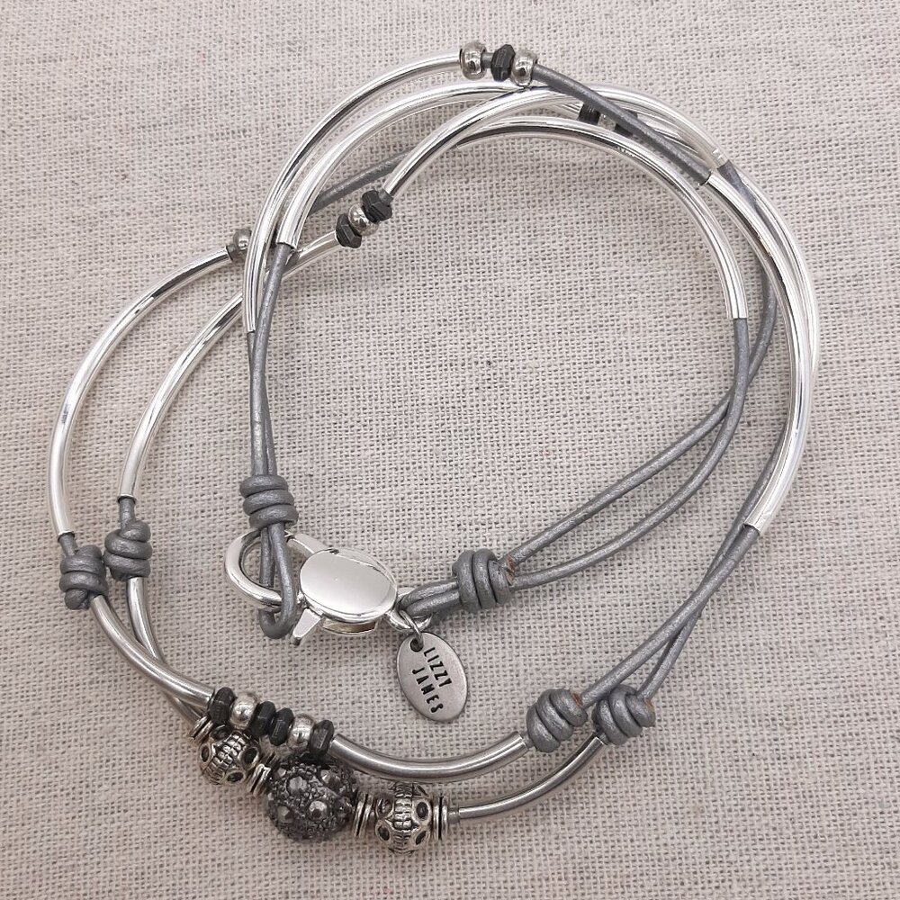 Lizzy James Silver & Platinum Gray Leather Wrap Bracelet